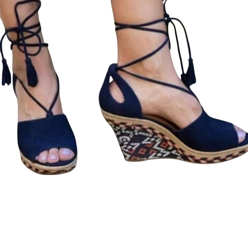 Cabi Wrap Lace-Up Blue Suede Leather Espadrille Aztec Wedge Heel Women's 5M - Picture 15 of 15